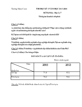 Thi học kỳ I năm học 2013-2014 đề thi môn  địa lý 7 thời gian làm bài 60 phút